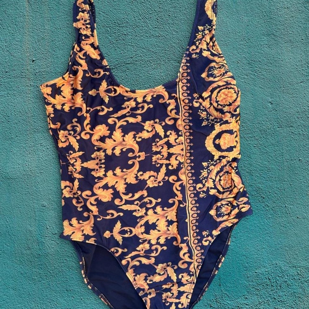 Boohoo Black & Gold High Cut One Piece Swimsuit